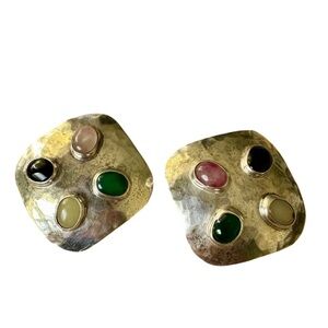 925 Sterling Silver Vintage Mexico Multi-Color Gem Large Clip On Earrings